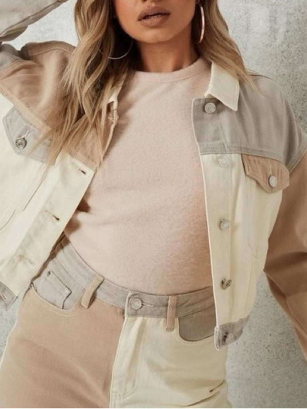 Missguided Neutral Colorblock Denim Jacket and Pants - Matching Set